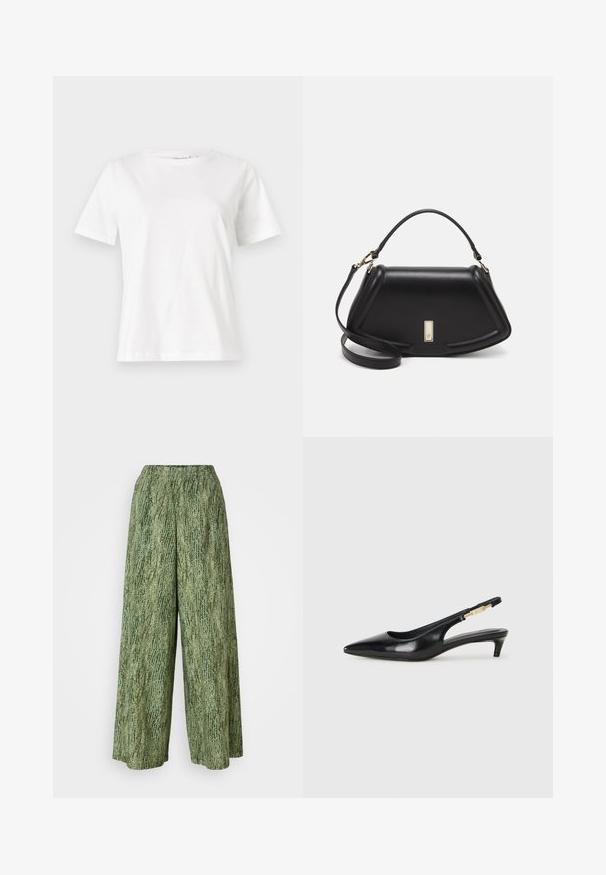 Bijela pamučna majica s kratkim rukavima, okruglim izrezom i opuštenim krojem. Glatka tekstura, bez uzoraka ili akcenata, minimalistički dizajn.; Hlače širokih nogavica od teksturirane zelene tkanine. Elastična navlaka u struku i struktura s uzorkom u različitim nijansama zelene.; Crne kožne sandale s petom, s izduženim vrhom, imaju usku petu i zlatni akcent na podesivoj traci. Glatka tekstura.; Crna kožna torba s strukturiranim dizajnom, s krojenim oblikom, gornjom drškom i zlatnim detaljima. Uključena je podesiva ramena traka.
