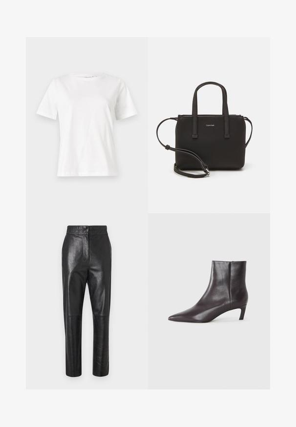 Witte katoenen t-shirt met korte mouwen, ronde halslijn en een ontspannen pasvorm. Gladde textuur, geen patronen of accenten, minimalistisch ontwerp.; Zwarte leren broek met een gepolijste afwerking, een taaie pasvorm, recht gesneden pijpen en subtiele naden. Geen zichtbare hardware of accenten.; Zwarte leren enkellaars met spitse neus en lage kitten heel, gladde afwerking, zijrits, getoond op een neutrale achtergrond.; Zwarte handtas met dubbele korte handvatten en een afneembare schouderriem. Glad, leerachtig materiaal met een ritssluiting en logo-detail.