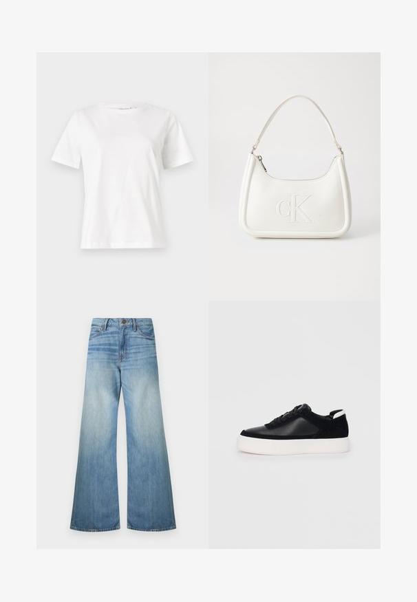Bela bombažna majica s kratkimi rokavi, okroglo izrezana in ohlapnega kroja. Gladka tekstura, brez vzorcev ali dodatkov, minimalističen dizajn.; Svetlo modri široki kavbojki iz denima, z običajnim zadrgo, petimi žepi in svetlečim zaključkom z neznatnimi gubi.; Črne športne copate z gladko usnjeno in semišnimi paneli, ravnimi vezalkami, zaobljenim nosom in belim gumijastim podplatom. Oznaka na peti.; Bela usnjena torbica s ukrivljeno obliko, ki na sprednji strani nosi vžgano logo "CK" in ima eno naramnico. Zadrga za zapiranje na vrhu.