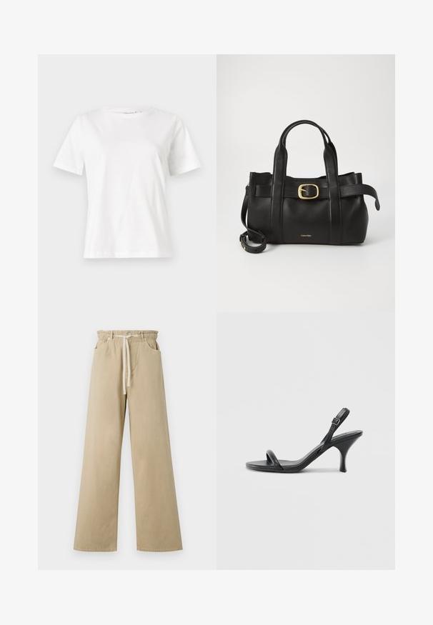 Vit bomullströja med korta ärmar, rund halsringning och en avslappnad passform. Slät textur, inga mönster eller detaljer, minimalistisk design.; Beige vida byxor i bomull med elastisk midja och dragsko. Har två sidofickor och en mjuk textur.; Svarta läder högklackade sandaler med en smal, böjd klack och ett korsat remdesign. Justerbar ankelrem. Slät textur.; Svart läderhandväska med en strukturerad design, dubbla topphandtag, detaljer i guldton med spänne och präglad logotyp framtill.