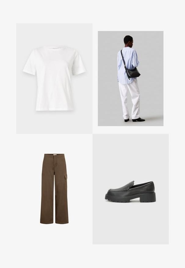 Bílý bavlněný tričko s krátkým rukávem, kulatým výstřihem a volnějším střihem. Hladká textura, bez vzorů nebo akcentů, minimalistický design.; Hnědé široké cargo kalhoty vyrobené z bavlny s knoflíkovým zapínáním, mají boční kapsy a hladkou, měkkou texturu.; Černé kožené mokasíny s okrouhlou špičkou, silnou strukturovanou podrážkou a minimálními detaily šití. Elegantní design bez viditelných tkaniček nebo kovových prvků.; Černá kožená kabelka přes rameno s jemnou texturou, trojúhelníkovým tvarem a nastavitelným popruhem, v kombinaci se světle modrou pruhovanou košilí a bílými kalhotami.