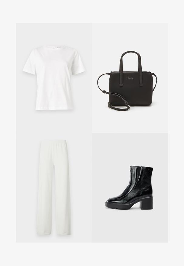 T-shirt bianca in cotone con maniche corte, scollatura rotonda e vestibilità rilassata. Struttura liscia, senza motivi né accenti, design minimalista.; Pantaloni bianchi a gamba larga realizzati in tessuto morbido e leggero. Presentano una cintura elastica e gambe dal taglio dritto. Nessun motivo o dettaglio visibile.; Stivali alla caviglia in pelle verniciata nera con punta curva, pannelli laterali elasticizzati e tacco robusto. Presentano un logo impresso sul retro.; Borsa nera con doppi manici corti e tracolla removibile. Materiale simile alla pelle liscia con chiusura a zip e dettaglio del logo.