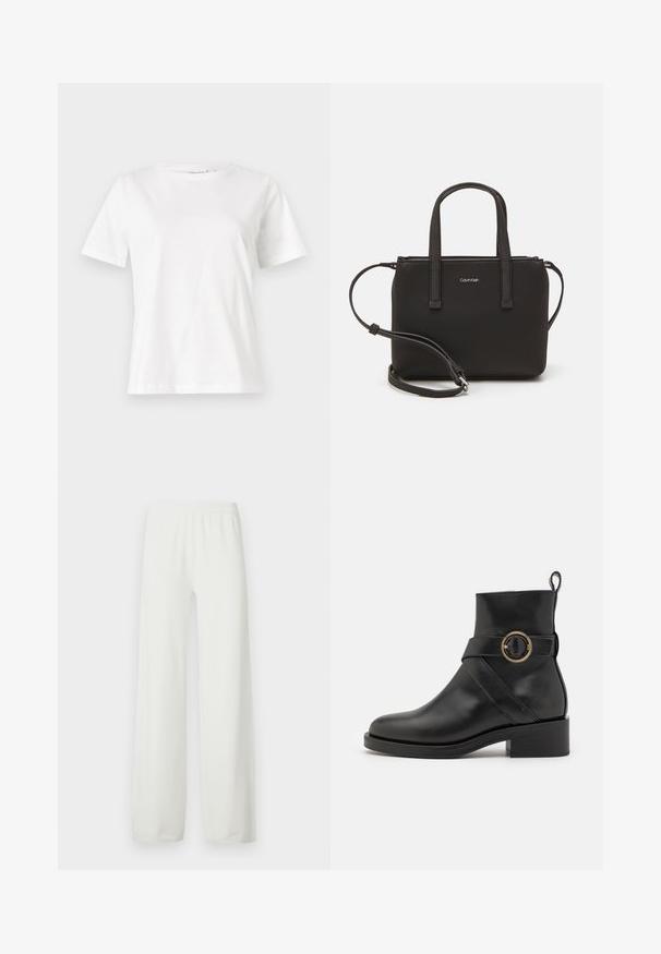 T-shirt en coton blanc à manches courtes, col rond et coupe décontractée. Texture lisse, sans motifs ni accents, design minimaliste.; Pantalon blanc à jambes larges en tissu doux et léger. Il possède une taille élastique et des jambes coupées droit. Sans motifs ni accents visibles.; BOSS IRYNA BOOTIE - Bottines à plateau - black; Sac à main noir avec deux poignées courtes et une bandoulière amovible. Matière lisse semblable à du cuir avec une fermeture éclair et un détail de logo.