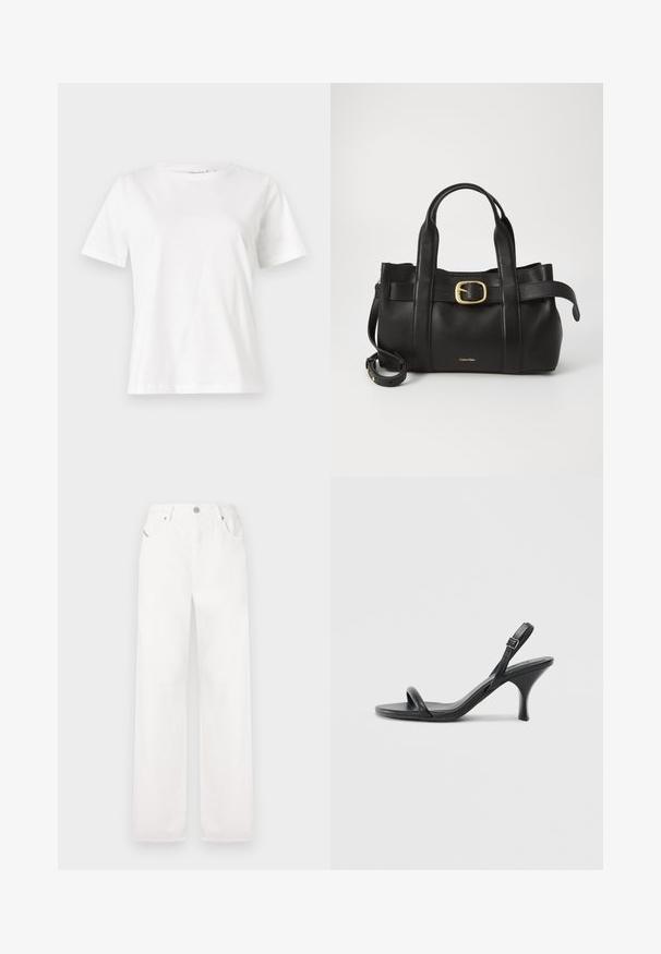 Bijela pamučna majica s kratkim rukavima, okruglim izrezom i opuštenim krojem. Glatka tekstura, bez uzoraka ili akcenata, minimalistički dizajn.; Bijele pamukne hlače širokih nogavica s klasičnim dizajnom pet džepova i zakovicom za zatvaranje, s suptilnim detaljima šivanja.; Crne kožne sandale na visoku petu s tankom, zakrivljenom petom i dizajnom prekriženih traka. Podesiva traka oko gležnja. Glatka tekstura.; Crna kožna torba s strukturiranim dizajnom, dvostrukim gornjim ručkama, zlatnim kopčom kao naglaskom i utisnutim logotipom marke sprijeda.