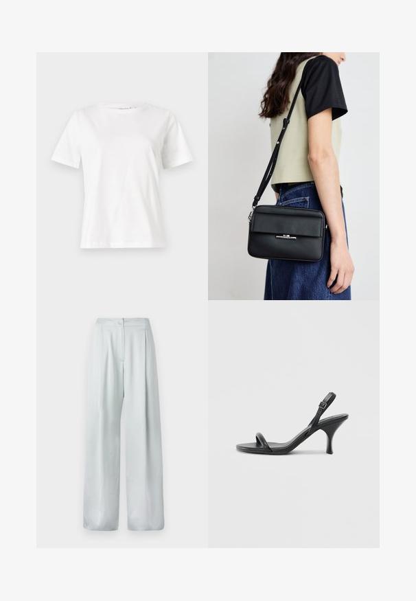 Fehér pamut póló rövid ujjakkal, kerek nyakkivágással és laza szabással. Sima textúra, nincsenek minták vagy díszítések, minimalista dizájn.; Világosszürke, bővérű nadrág sima textúrával, elöl gombos záródással és plissé díszítéssel.; Fekete bőrből készült, magassarkú szandál, vékony, ívelt sarokkal és keresztben átkötött pántokkal. Állítható bokapánt. Sima felület.; Calvin Klein LINEAR CAMERA BAG - Keresztpántos táska - black