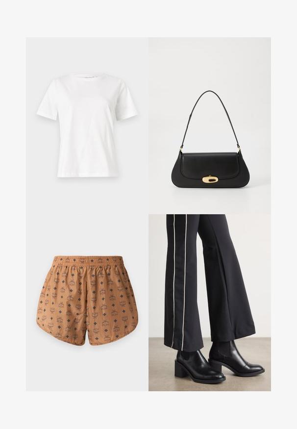Witte katoenen t-shirt met korte mouwen, ronde halslijn en een ontspannen pasvorm. Gladde textuur, geen patronen of accenten, minimalistisch ontwerp.; Bruine shorts met een overal logo-patroon en donkere blauwe diamantaccenten, elastische tailleband en lichtgewicht, gestructureerde stof.; Zwarte leren enkellaarzen met een blokhak, voorzien van elastische zijpanelen. Gecombineerd met zwarte broeken met een witte zijstreep.; Zwarte leren handtas met een gebogen ontwerp, goudkleurige accenten en een bovenhandvat. Heeft een strakke sluiting en een gladde textuur.
