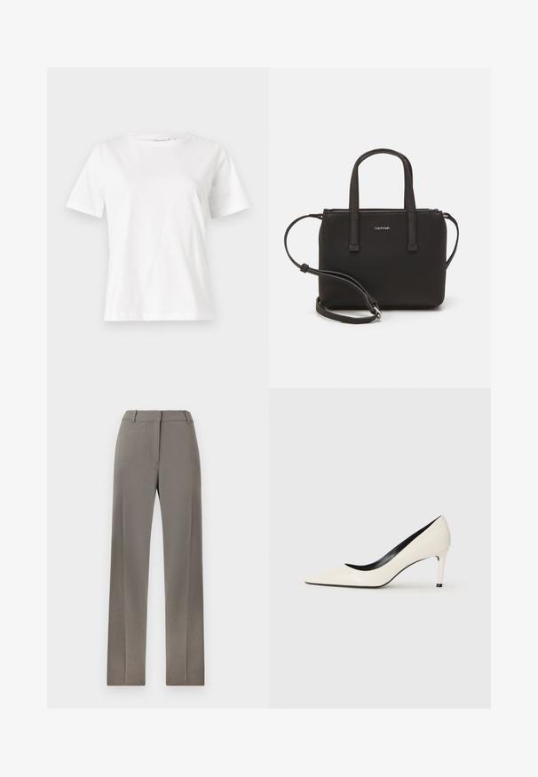 Biela bavlnená tričko s krátkymi rukávmi, okrúhlym výstrihom a voľným strihom. Hladká textúra, bez vzorov alebo akcentov, minimalistický dizajn.; Sivé tailored nohavice s rovnými nohavicami, hladkým predným dielom a jemnou textúrou. Mäkká tkanina a štandardný pás s pútkami na opasok.; Biele lakkované vysoké podpätky s ostrou špičkou, úzkym podpätkom a čiernym interiérovým detajlom. Hladká textúra a elegantný dizajn.; Čierna kabelka s dvojitými krátkymi rúčkami a odnímateľným ramenným popruhom. Hladký materiál podobný koži s uzatváraním na zips a detailom loga.