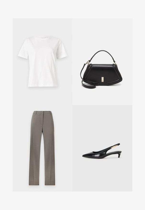 Weißes Baumwoll-T-Shirt mit kurzen Ärmeln, Rundhalsausschnitt und lockerer Passform. Glatte Textur, keine Muster oder Akzente, minimalistisches Design.; Graue maßgeschneiderte Hosen mit geradem Beinschnitt, flachem Vorderteil und subtiler Struktur. Weicher Stoff und standardmäßiger Bund mit Gürtelschlaufen.; Schwarze Leder-Slingback-Pumps mit spitzem Schuhblatt, ausgestattet mit einem schlanken Absatz und einem goldfarbigen Akzent am verstellbaren Riemen. Glatte Textur.; Schwarze Lederhandtasche mit einem strukturierten Design, das eine verkürzte Form, einen oberen Griff und goldfarbene Hardware-Details aufweist. Verstellbarer Schulterriemen ist enthalten.