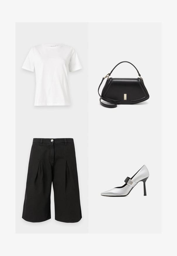 Witte katoenen t-shirt met korte mouwen, ronde halslijn en een ontspannen pasvorm. Gladde textuur, geen patronen of accenten, minimalistisch ontwerp.; Zwarte knielange shorts van een katoenmix. Heeft plooien, een sluiting met een knoop aan de voorkant en een klassiek ontwerp van de tailleband.; Zilveren lederen hoge hak schoenen met een puntige teen, zwarte bandaccenten en glanzende afwerking, met een slanke silhouet en dunne hak.; Zwarte leren handtas met een gestructureerd ontwerp, featuring een verkorte vorm, bovenhandvat en gouden hardwareaccent. Inclusief verstelbare schouderband.