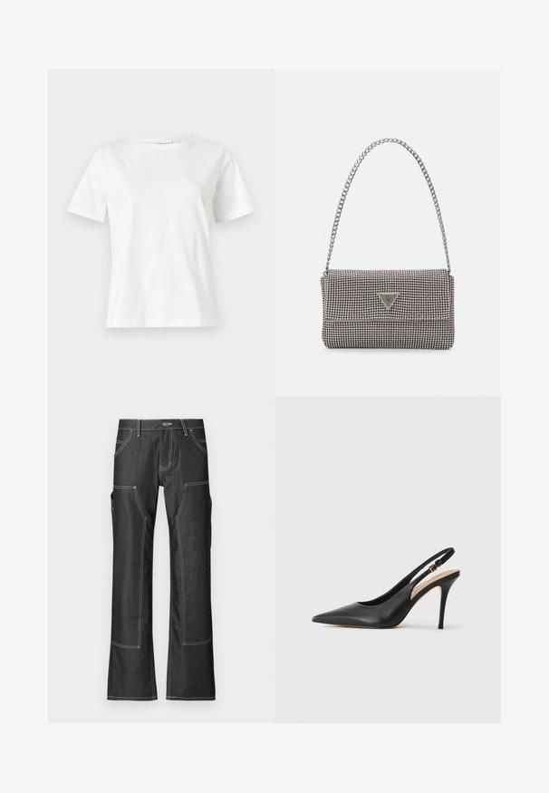 Valge puuvillane T-särk lühikeste varrukatega, ümmarguse kaelusega ja vabalt istuv. Sile tekstuur, ilma mustrite ja aktsentideta, minimalistik disain.; Tumed denim cargo püksid valgete kontrastõmblustega, mitmete taskutega ja laieneva sääre kujundusega. Karm kude ja metallist nööp kinnitamiseks.; Mustaga nahast slingback kõrge kontsaga jalanõud terava toe ja sileda tekstuuriga, delikaatse rihmaga, mis on varustatud metallist säärekohaga.; Helehall metallik handbags, millel on kett, kaunistatud väikeste ümmarguste metallist õmblustega ja kolmnurkse brändi logoga.