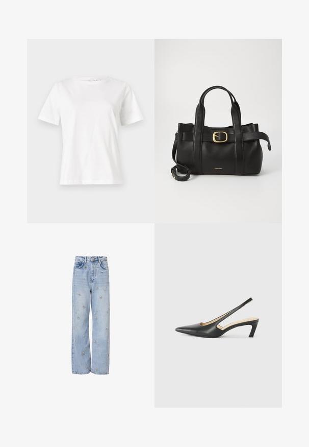 Bílý bavlněný tričko s krátkým rukávem, kulatým výstřihem a volnějším střihem. Hladká textura, bez vzorů nebo akcentů, minimalistický design.; Světlé modré džíny s uvolněným střihem, zdobené stříbrnou květinovou výšivkou po celé ploše a klasickým pětikapsovým stylem.; Černý špičatý slingback s nízkým podpatkem, vyrobený z hladké kůže, s výřezem na boku pro lepší prodyšnost.; Černá kožená kabelka s upraveným designem, dvojitými vrchními madly, pozlaceným přezkovým akcentem a vyraženým logem značky na přední straně.