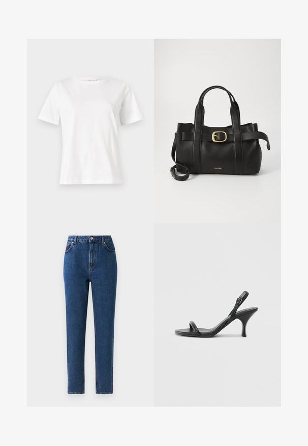 Baltas kokvilnas T-krekls ar īsām piedurknēm, apaļu kakla izgriezumu un brīvu piegriezumu. Gluda tekstūra, bez rakstiem vai akcentiem, minimālistisks dizains.; Augstas jostas zila denima bikses ar taisnām kājām, pieci kabatas, metāla pogas aizdare un izšūtas detaļas gar šuvēm.; Melnas ādas augstpapēžu sandales ar plānu, izliekta formas papēdi un krustenisku siksnu dizainu. Regulējama potītes siksna. Gluda tekstūra.; Melnas ādas rokassoma ar strukturētu dizainu, divām augšējām rokturām, zelta toņa sprādzes akcentu un iegravētu zīmola logo priekšpusē.