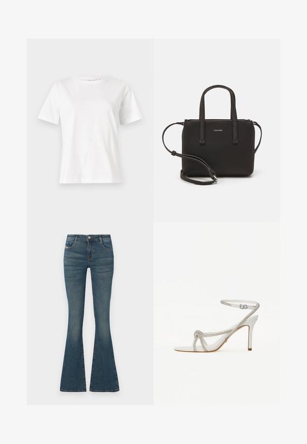 Weißes Baumwoll-T-Shirt mit kurzen Ärmeln, Rundhalsausschnitt und lockerer Passform. Glatte Textur, keine Muster oder Akzente, minimalistisches Design.; Ausgestellte blaue Jeans aus Denim mit mittlerem Bund, seitlichen Taschen und sanften Ausbleichungen entlang der Beine. Klassischer Fünf-Taschen-Stil.; Weiße High-Heel-Sandale mit einem strukturierten Riemen, der mit Strasssteinen verziert ist, offener Zehenbereich und Knöchelriemen mit verstellbarer Schnalle.; Schwarze Handtasche mit zwei kurzen, doppelt geflochtenen Griffen und einem abnehmbaren Schulterriemen. Glattes, lederähnliches Material mit einem Reißverschluss und Logodetail.
