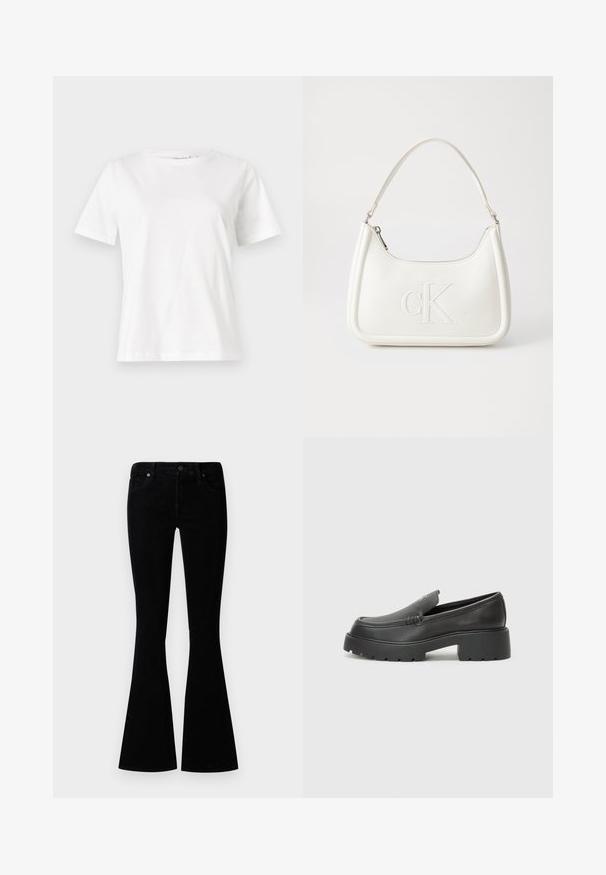 T-shirt en coton blanc à manches courtes, col rond et coupe décontractée. Texture lisse, sans motifs ni accents, design minimaliste.; Jeans évasés noirs en tissu denim, avec une taille mi-haute, cinq poches et une fermeture à bouton en métal pour un détail supplémentaire.; Mocassins en cuir noir avec un bout arrondi, une semelle épaisse et texturée, et des détails de couture minimalistes. Design épuré sans lacets ni métal visibles.; Sac à main en cuir blanc avec une forme courbée, arborant un logo "CK" embossé à l'avant et une seule bandoulière. Fermeture à glissière en haut.