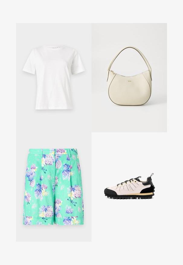 T-shirt en coton blanc à manches courtes, col rond et coupe décontractée. Texture lisse, sans motifs ni accents, design minimaliste.; Shorts à motif floral en vert menthe, fabriqués en tissu léger. Présentent des hortensias violets et bleus avec des accents jaunes subtils et des plis.; Chaussures de sport roses et noires avec une tige en tissu texturé, une semelle en caoutchouc, une fermeture à lacets, et des sections renforcées à l'avant et à l'arrière.; Sac à main couleur crème avec une finition texturée, forme courbée, anses courtes et détail de logo doré. Fermeture éclair sur le dessus.