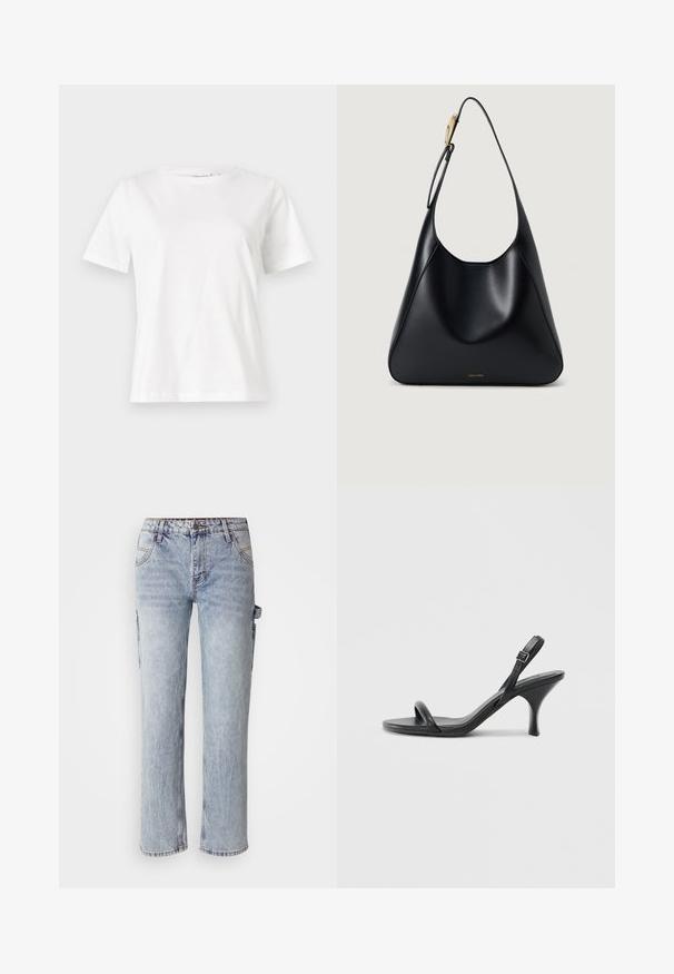 White cotton t-shirt with short sleeves, round neckline, and a relaxed fit. Smooth texture, no patterns or accents, minimalistic design.; Failed to generate alt-text; Black leather high-heeled sandals with a slim, curved heel and a crossed strap design. Adjustable ankle strap. Smooth texture.; Black leather shoulder bag with a smooth texture, curved silhouette, and a gold hardware accent. Features embossed brand logo at the base.