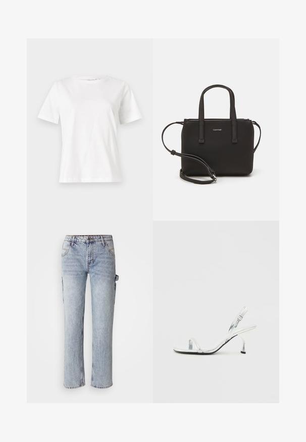 Bela bombažna majica s kratkimi rokavi, okroglo izrezana in ohlapnega kroja. Gladka tekstura, brez vzorcev ali dodatkov, minimalističen dizajn.; Ni je uspelo ustvariti alt-tekst.; Srebrna patentna usnjena sandala na visoki peti s ozkim pasom za prste, nastavljivim zaponcem in vitkim petami.; Črna torbica z dvema kratkima ročajema in odstranljivim naramnim trakom. Gladek usnju podoben material z zadrgo in podrobnostmi z logotipom.