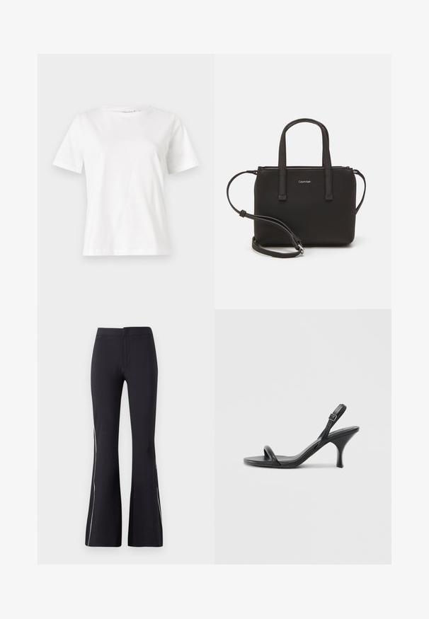 Bílý bavlněný tričko s krátkým rukávem, kulatým výstřihem a volnějším střihem. Hladká textura, bez vzorů nebo akcentů, minimalistický design.; Černé zvonové kalhoty vyrobené z pružné látky. Mají hladký povrch a kontrastní bílé boční pruhy. Jednoduchý design s elastickým pasem.; Černé kožené sandály na vysokém podpatku s úzkým, zakřiveným podpatkem a designem s překříženými popruhy. Nastavitelný pásek kolem kotníku. Hladký povrch.; Černá kabelka s dvojitými krátkými uchy a odnímatelným ramenním popruhem. Hladký koženkový materiál s uzávěrem na zip a detailem loga.