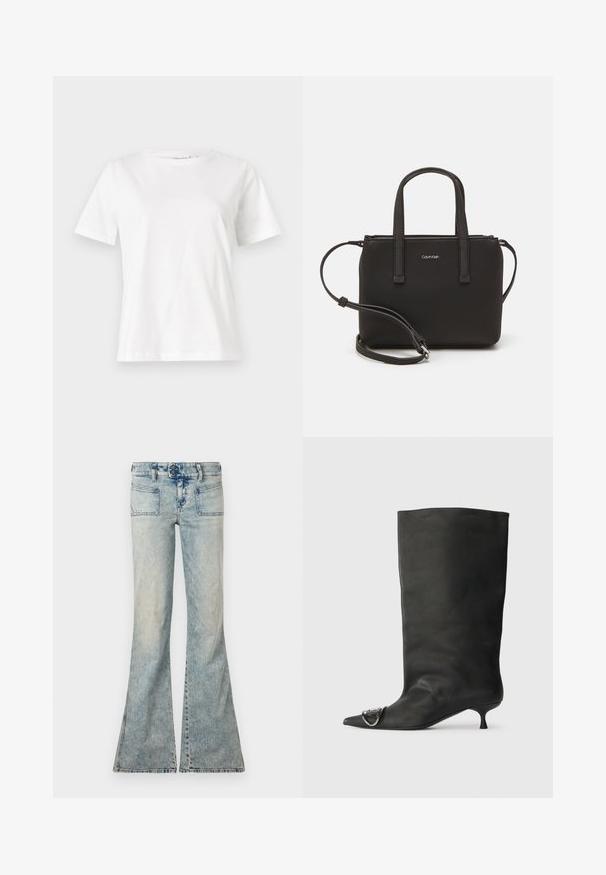 Biała bawełniana koszulka z krótkim rękawem, okrągłym dekoltem i luźnym krojem. Gładka tekstura, brak wzorów lub dodatków, minimalistyczny design.; Jasnoniebieskie dzwony z wybledzonym wykończeniem, z dwoma przednimi kieszeniami, dwiema tylnymi kieszeniami oraz zapięciem na guzik.; Czarne skórzane botki za kostkę z szpiczastym noskiem, małym obcasem i metalicznym akcentem na nosku. Gładka, matowa faktura na całej powierzchni.; Czarna torebka z dwoma krótkimi uchwytami i odpinanym paskiem na ramię. Gładki materiał przypominający skórę, z zamkiem błyskawicznym i detalem z logo.