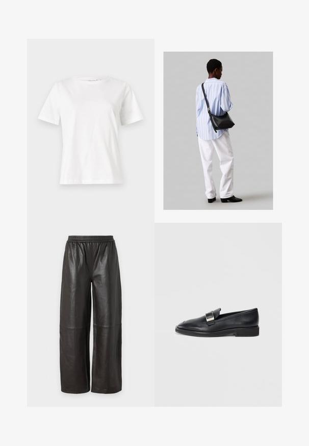 Biela bavlnená tričko s krátkymi rukávmi, okrúhlym výstrihom a voľným strihom. Hladká textúra, bez vzorov alebo akcentov, minimalistický dizajn.; Čierne kožené nohavice s širokými nohavicami, elastickým pásom, textúrovaným povrchom a vertikálnym švom, ponúkajúce voľný strih.; Čierne kožené mokasíny so striebornou obdĺžnikovou sponou na vrchu a nízkym opätkom na bielom pozadí.; Čierna kožená ramenná taška so mäkkou textúrou, trojuholníkovým tvarom a nastaviteľným popruhom, skombinovaná s svetlomodrou pruhovanou košeľou a bielymi nohavicami.