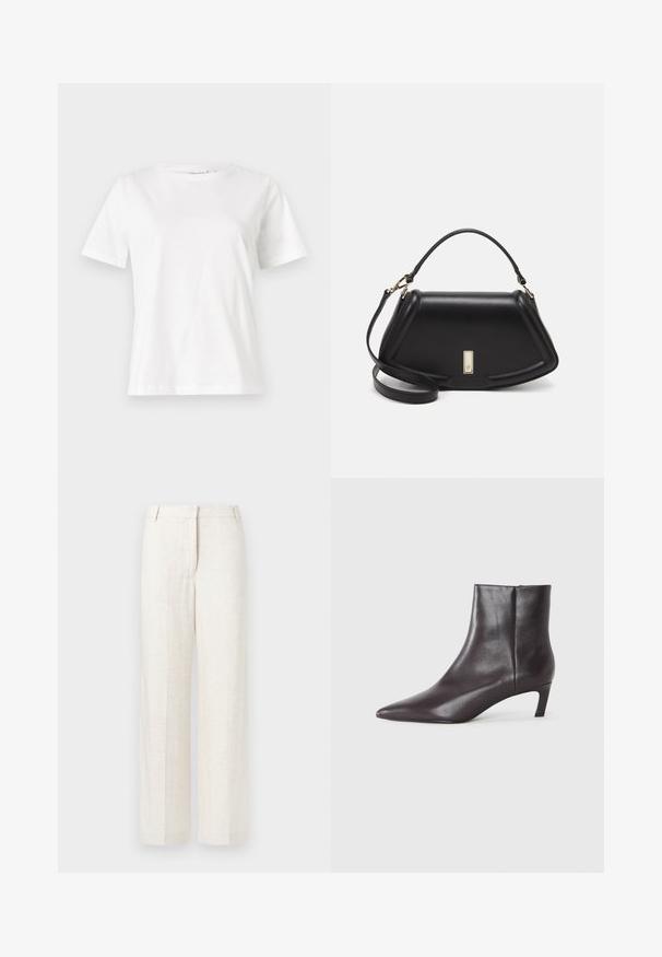 Weißes Baumwoll-T-Shirt mit kurzen Ärmeln, Rundhalsausschnitt und lockerer Passform. Glatte Textur, keine Muster oder Akzente, minimalistisches Design.; Beige weit geschnittene Hose aus einem Leinenmix, mit einer glatten Textur, klassischen vorderen Falten und seitlichen Taschen für zusätzliche Funktionalität.; Schwarze Leder-Ankle-Boots mit spitzem Zehenbereich und niedrigem Kitten-Absatz, glatte Oberfläche, seitlicher Reißverschluss, vor einem neutralen Hintergrund präsentiert.; Schwarze Lederhandtasche mit einem strukturierten Design, das eine verkürzte Form, einen oberen Griff und goldfarbene Hardware-Details aufweist. Verstellbarer Schulterriemen ist enthalten.