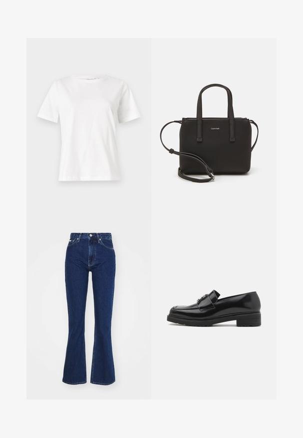 Valkoinen puuvillapaita lyhyillä hihoilla, pyöreällä kaula-aukolla ja rentolla istuvuudella. Sujuva rakenne, ei kuvioita tai yksityiskohtia, minimalistinen muotoilu.; Tummansiniset leveälahkeiset farkut, jotka on valmistettu denimmistä. Niissä on korkeavyötärö, vetoketju- ja nappisulku sekä viisi taskua, joissa on pieni hento kulutustunnelma.; Mustat kiillotetut nahka loaferit matalalla lohkarekorolla, ommeltu varvas ja metallinen solki yläosassa, esitetty sivuprofiilissa valkoisella taustalla.; Musta käsilaukku, jossa on kaksinkertaiset lyhyet kahvat ja irrotettava olkahihna. Silkkinen nahkatunneinen materiaali, jossa on vetoketjukiinnitys ja logoyksityiskohta.