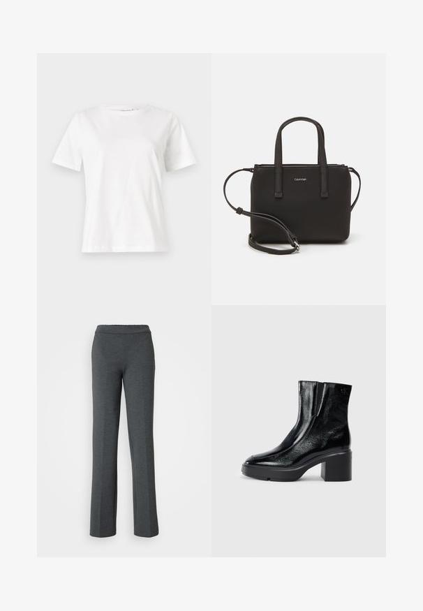 Bela bombažna majica s kratkimi rokavi, okroglo izrezana in ohlapnega kroja. Gladka tekstura, brez vzorcev ali dodatkov, minimalističen dizajn.; Sive, lahke, razširjene hlače z elastičnim pasom. Gladka tekstura in preprost dizajn, primerne za sproščeno nošenje.; Črne lakirane gležnjarje z ukrivljenim nosom, elastičnimi stranskimi paneli in debelim blokastim peto. Imajo vtisnjen logotip na zadnjem delu.; Črna torbica z dvema kratkima ročajema in odstranljivim naramnim trakom. Gladek usnju podoben material z zadrgo in podrobnostmi z logotipom.