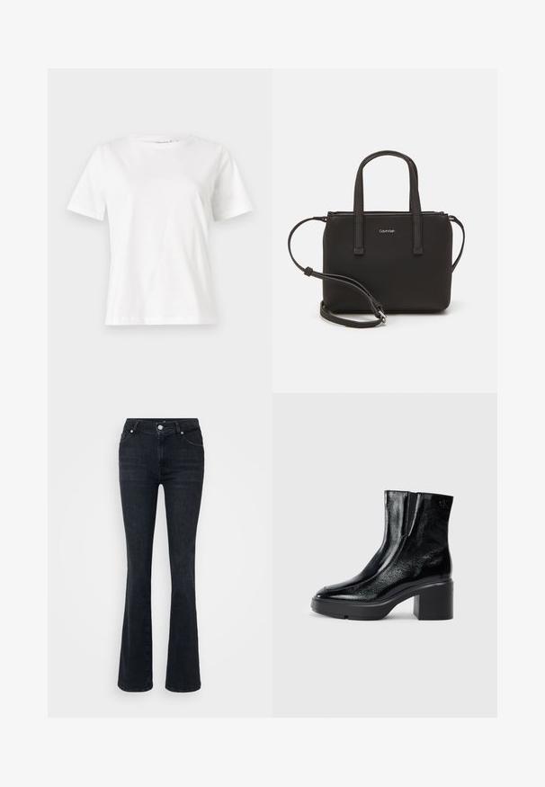 Valkoinen puuvillapaita lyhyillä hihoilla, pyöreällä kaula-aukolla ja rentolla istuvuudella. Sujuva rakenne, ei kuvioita tai yksityiskohtia, minimalistinen muotoilu.; Mustat leveälahkeiset farkut, jotka on valmistettu denimistä, korkealla vyötäröllä, viidellä taskulla ja metallinappikiinnityksellä. Sujuva pinta, minimaalinen haalistuminen.; Musta patentoitu nahkasaappaat nilkkoihin, joissa on kaareva kärki, joustavat sivupaneelit ja paksu lohkoilut. Takana on kohokuvioitu logo.; Musta käsilaukku, jossa on kaksinkertaiset lyhyet kahvat ja irrotettava olkahihna. Silkkinen nahkatunneinen materiaali, jossa on vetoketjukiinnitys ja logoyksityiskohta.