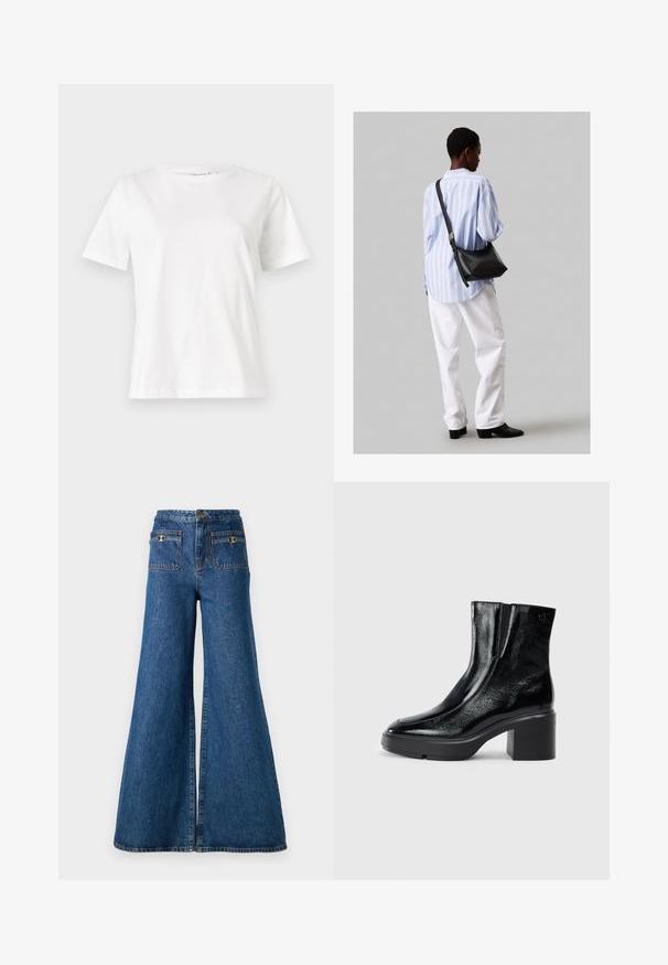 White cotton t-shirt with short sleeves, round neckline, and a relaxed fit. Smooth texture, no patterns or accents, minimalistic design.; Wide-leg denim jeans in dark blue, featuring a high waist, two back pockets with gold hardware, and a raw hem at the legs.; Black patent leather ankle boots with a curved toe, elastic side panels, and a chunky block heel. Features embossed logo on the back.; Black leather shoulder bag with a soft texture, triangular shape, and adjustable strap, paired with a light blue striped shirt and white pants.
