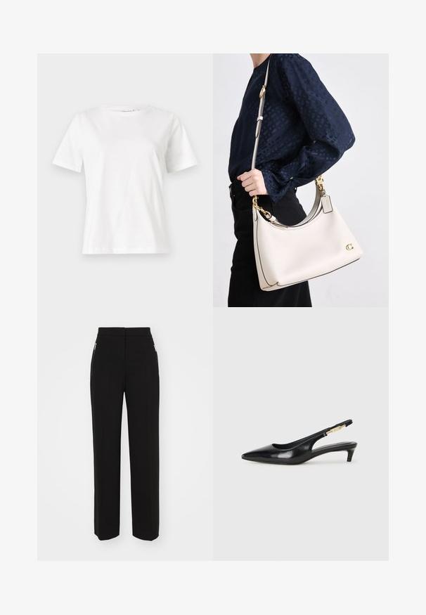 Λευκό βαμβακερό μπλουζάκι με κοντά μανίκια, στρογγυλή λαιμόκοψη και άνετη εφαρμογή. Λείο υφασμάτινο, χωρίς σχέδια ή αξεσουάρ, μινιμαλιστικός σχεδιασμός.; Μαύρο παντελόνι με ψηλή μέση, ίσια γραμμή και δύο πλαϊνές τσέπες με φερμουάρ. Κατασκευασμένο από μαλακό ύφασμα με ομοιογενές χρώμα.; Μαύρες δερμάτινες γόβες slingback με μυτερή μύτη, διαθέτοντας λεπτό τακούνι και χρυσή λεπτομέρεια στην ρυθμιζόμενη λωρίδα. Λείος υφές.; Μια μπεζ δερμάτινη τσάντα χειρός με σκούρες λεπτομέρειες, καμπύλη σιλουέτα, χρυσές μεταλλικές λεπτομέρειες και αποσπώμενο λουράκι, κρατημένη στο πλάι ενάντια σε ένα σκούρο ρούχο.