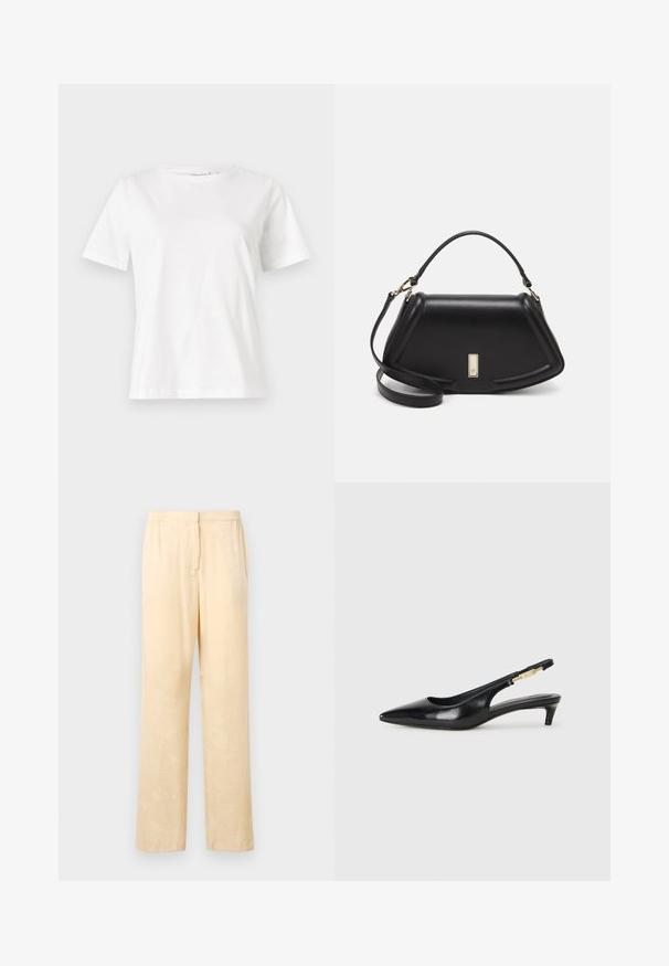 Witte katoenen t-shirt met korte mouwen, ronde halslijn en een ontspannen pasvorm. Gladde textuur, geen patronen of accenten, minimalistisch ontwerp.; Lichtgele, loszittende broek met een subtiel bladerenpatroon. Voorzien van een elastische tailleband en een recht model. Glad textuur.; Zwarte leren slingback hakken met een spitse neus, voorzien van een slanke hak en een goudkleurige accent op de verstelbare band. Gladde textuur.; Zwarte leren handtas met een gestructureerd ontwerp, featuring een verkorte vorm, bovenhandvat en gouden hardwareaccent. Inclusief verstelbare schouderband.