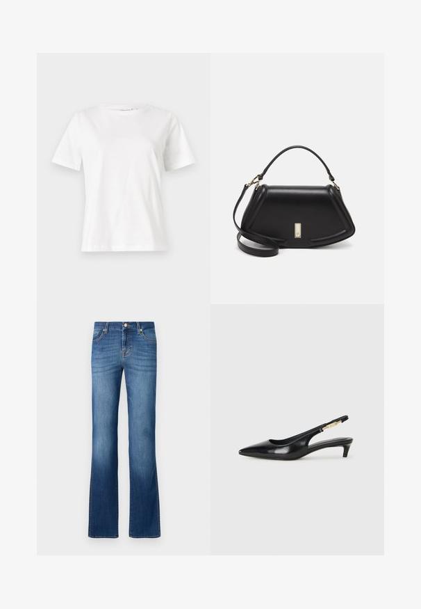 Camiseta de algodón blanca de manga corta, con cuello redondo y un corte relajado. Textura suave, sin patrones ni acentos, diseño minimalista.; Vaqueros de mezclilla azul acampanados con un diseño clásico de cinco bolsillos, que presentan un lavado desgastado, costuras doradas y un cierre de botón en la cintura.; Tacones negros de piel sintética tipo slingback con punta afilada, que cuentan con un tacón delgado y un detalle en tono dorado en la correa ajustable. Textura suave.; Bolso de mano de cuero negro con un diseño estructurado, que presenta una forma recortada, asa superior y acentos en dorado. Correa de hombro ajustable incluida.