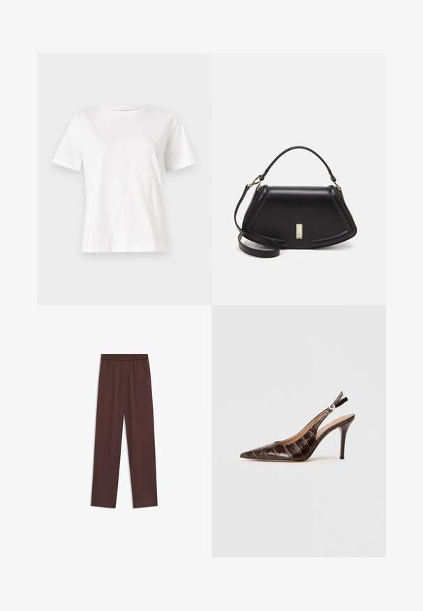 Hvid bomulds t-shirt med korte ærmer, rund halsudskæring og en afslappet pasform. Glat tekstur, ingen mønstre eller accenter, minimalistisk design.; Mørkebrune lige bukser med elastisk talje og subtil sømdetalje foran på en hvid baggrund.; Brun, krokodillepræget læder slingback-pumpe med spids tå, åbne sider og en tynd høj hæl. Designet med en spændejustering.; Sort læderhåndtaske med en struktureret design, der har en kortet form, tophåndtag og guld hardware-accenter. Justerbar skulderrem inkluderet.
