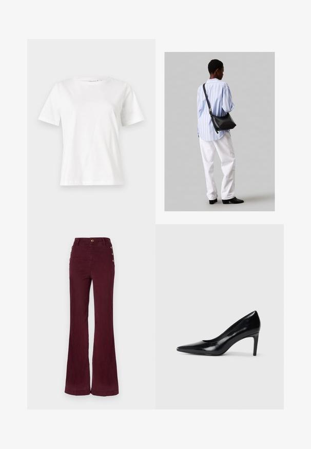 Balta medvilninė marškinėliai trumpomis rankovėmis, su apvalia iškirpte ir laisvu siluetu. Lygi tekstūra, be raštų ar akcentų, minimalistinis dizainas.; Aukšto juosmens, plačios kelnės burgundiško spalvos medvilnėje, su auksinėmis mygtukais šonuose, turinčios glotnią tekstūrą ir tikslų siuvimą.; Juodas odinis aukštakulnis batelis su smailiu pirštu, lygiu paviršiumi ir siauru kulnu. Minimalistinis dizainas, jokių papildomų puošmenų.; Juodas odinis petinis krepšys su minkšta tekstūra, trikampiu pavidalu ir reguliuojama juosta, derinamas su šviesiai mėlynu dryžuotu marškinėliu ir baltais džinsais.