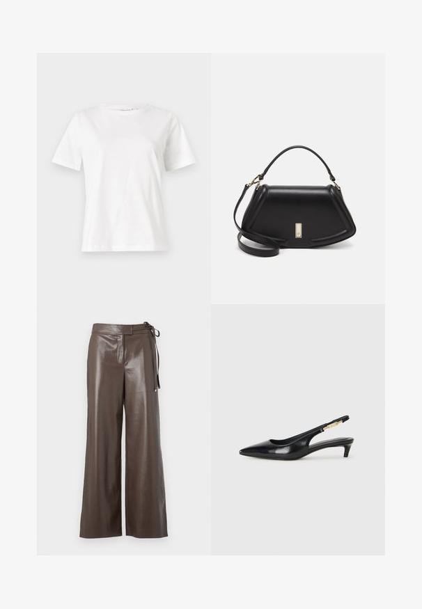 White cotton t-shirt with short sleeves, round neckline, and a relaxed fit. Smooth texture, no patterns or accents, minimalistic design.; Brown faux leather wide-leg pants with high waist and side tie detail on a white background.; Black leather slingback heels with a pointed toe, featuring a slim heel and a gold-tone accent on the adjustable strap. Smooth texture.; Black leather handbag with a structured design, featuring a cropped shape, top handle, and gold hardware accent. Adjustable shoulder strap included.