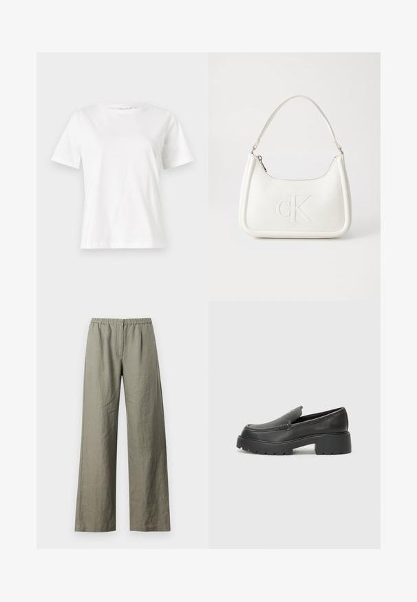 Valkoinen puuvillapaita lyhyillä hihoilla, pyöreällä kaula-aukolla ja rentolla istuvuudella. Sujuva rakenne, ei kuvioita tai yksityiskohtia, minimalistinen muotoilu.; Samsøe Samsøe SATOVE TROUSERS - Housut - vetiver; Musta nahkakengät, joissa on pyöristetty kärki, paksu teksturoitu pohja ja vähäiset ompeluyksityiskohdat. Tyylikäs muotoilu, jossa ei ole näkyviä nauhoja tai metalliosia.; Valkoinen nahkalaukku, jossa on kaareva muotoilu, etupuolella kohokuvioitu "CK" -logo ja yksi olkahihna. Vetoketjukiinnitys ylhäällä.
