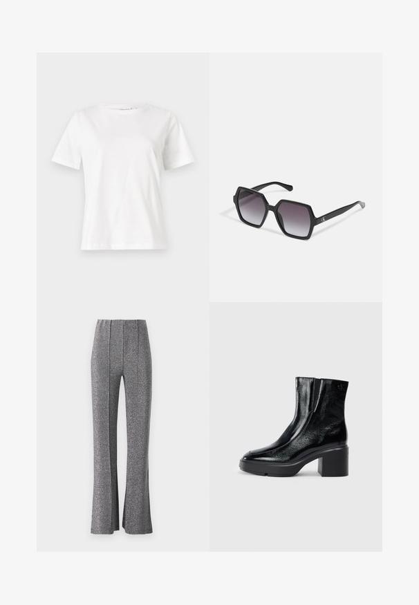 T-shirt en coton blanc à manches courtes, col rond et coupe décontractée. Texture lisse, sans motifs ni accents, design minimaliste.; Pantalons évasés en tissu texturé gris métallisé. Dotés d'une taille haute et de plis à l'avant, offrant une silhouette ajustée.; Bottines en cuir verni noir avec un bout arrondi, des panneaux latéraux en élastique et un talon épais. Comprend un logo embossé à l'arrière.; Lunettes de soleil hexagonales noires avec des verres dégradés, dotées d'une finition brillante et d'un marquage subtil sur la branche. Construction en plastique durable.