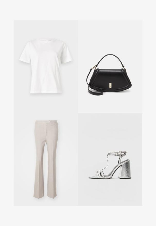 Witte katoenen t-shirt met korte mouwen, ronde halslijn en een ontspannen pasvorm. Gladde textuur, geen patronen of accenten, minimalistisch ontwerp.; Beige op maat gemaakte broeken met een vlakke voorkant, subtiele textuur en uitlopende pijpen. Gemaakt van lichtgewicht stof, met een gladde tailleband.; Zilveren sandaal met blokhak, voorzien van dunne bandjes en een enkelgesp. Het materiaal heeft een metallic afwerking met een gestructureerde uitstraling.; Zwarte leren handtas met een gestructureerd ontwerp, featuring een verkorte vorm, bovenhandvat en gouden hardwareaccent. Inclusief verstelbare schouderband.