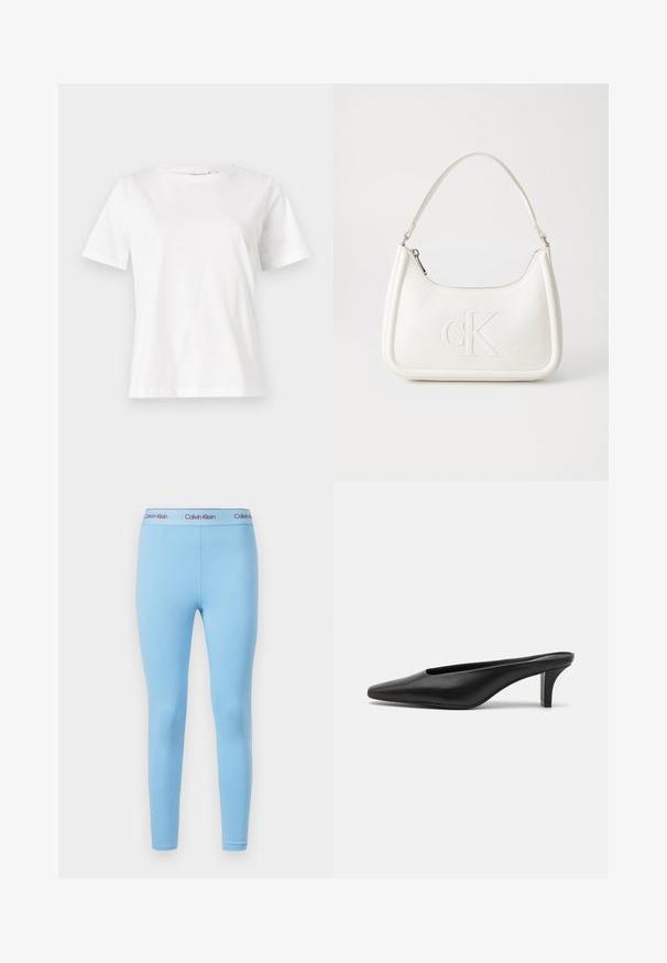 Valge puuvillane T-särk lühikeste varrukatega, ümmarguse kaelusega ja vabalt istuv. Sile tekstuur, ilma mustrite ja aktsentideta, minimalistik disain.; Sinised retuusid, mis on valmistatud siledast ja venivast kangast, ühevärvilised ja millel on vöökoht, millel on kontrastsetes värvides "Calvin Klein" logo.; Mustadast mustad nahast teravatipulised mules madala stilletokontsaga. Sile tekstuur, minimalistlik disain ja avatud selg mugavaks selga panemiseks.; Valge nahast käekott, millel on kumer kuju, esiküljel on reljeefne "CK" logo ja üks õlavarre rihm. Ülemine tõmblukkuu.
