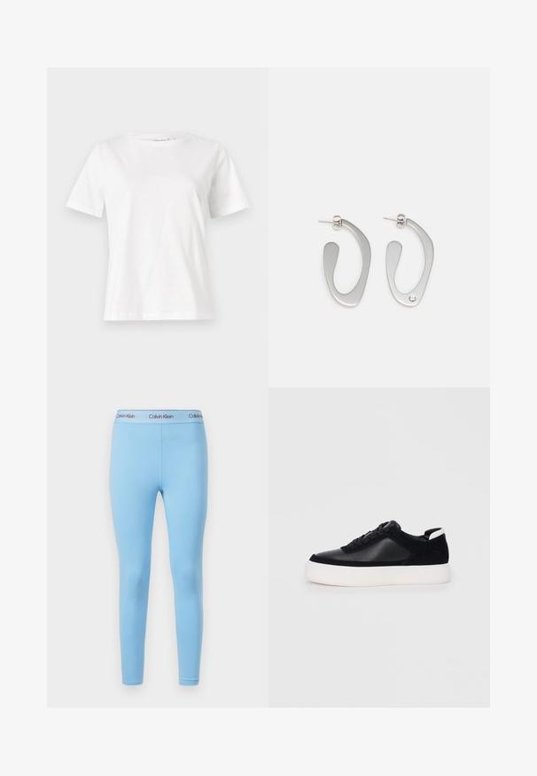 Bílý bavlněný tričko s krátkým rukávem, kulatým výstřihem a volnějším střihem. Hladká textura, bez vzorů nebo akcentů, minimalistický design.; Modré legíny vyrobené z hladké, elastické tkaniny, které mají jednotnou barvu a pás s logem "Calvin Klein" v kontrastních barvách.; Černé sneakersy s hladkou kůží a semišovými panely, plochými šňůrkami, zaoblenou špičkou a bílou gumovou podrážkou. Výrazné logo na patě.; Stříbrné kovové náušnice se tekutým, abstraktním tvarem s lesklým povrchem. Jedny jsou zdobeny malým krystalovým detailem.