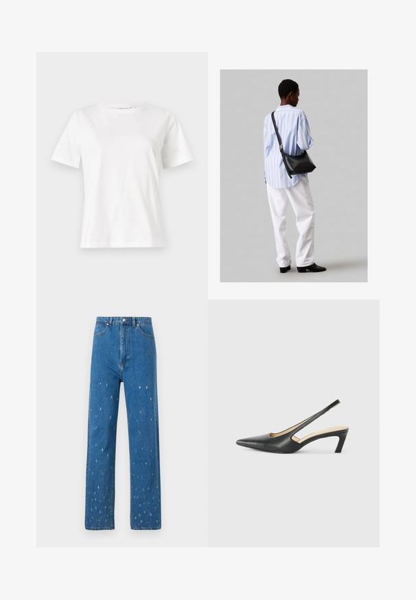 Baltas kokvilnas T-krekls ar īsām piedurknēm, apaļu kakla izgriezumu un brīvu piegriezumu. Gluda tekstūra, bez rakstiem vai akcentiem, minimālistisks dizains.; Zili džinsi ar taisnu kāju izgriezumu, kas veidoti no zilas denim auduma ar nolietotām detaļām, ar augstu jostasvietu, piecām kabatām un klasisku pogu un rāvējslēdzēju aizdari.; Melna, ar smailu purngalu, slingback kurpe ar zemu papēdi, izgatavota no gludas ādas materiāla un ar izgriezumiem sānos gaisa caurlaidībai.; Melna ādas plecu soma ar mīkstu tekstūru, trīsstūra formu un regulējamu siksnu, apvienota ar gaiši zilu svītrotu krekli un baltām biksēm.