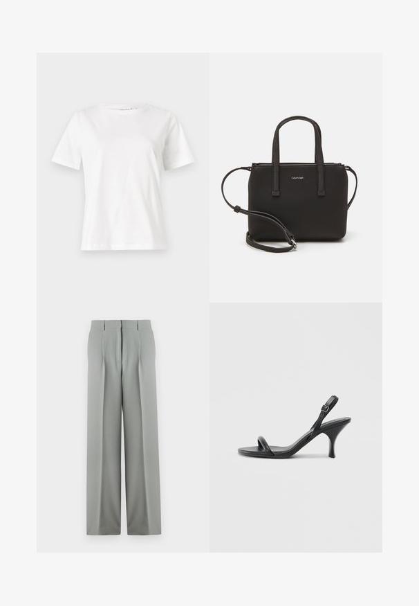 Bela bombažna majica s kratkimi rokavi, okroglo izrezana in ohlapnega kroja. Gladka tekstura, brez vzorcev ali dodatkov, minimalističen dizajn.; Svetlo sivi široki hlače iz gladkega materiala, z visokim pasom, nagubanimi sprednjimi deli in dvema zadnjima žepoma z zankami za pas.; Črne usnjene visoke sandale s tankim, ukrivljenim petam in obliko križanih trakov. Nastavljiv trak okoli gležnja. Gladka tekstura.; Črna torbica z dvema kratkima ročajema in odstranljivim naramnim trakom. Gladek usnju podoben material z zadrgo in podrobnostmi z logotipom.