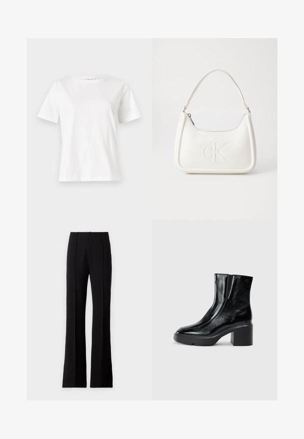Bela bombažna majica s kratkimi rokavi, okroglo izrezana in ohlapnega kroja. Gladka tekstura, brez vzorcev ali dodatkov, minimalističen dizajn.; Razširjeni črni hlače iz gladkega materiala, z naprsnimi gubami, visoko pasom in krojem, ki poudari elegantno silhueto.; Črne lakirane gležnjarje z ukrivljenim nosom, elastičnimi stranskimi paneli in debelim blokastim peto. Imajo vtisnjen logotip na zadnjem delu.; Bela usnjena torbica s ukrivljeno obliko, ki na sprednji strani nosi vžgano logo "CK" in ima eno naramnico. Zadrga za zapiranje na vrhu.