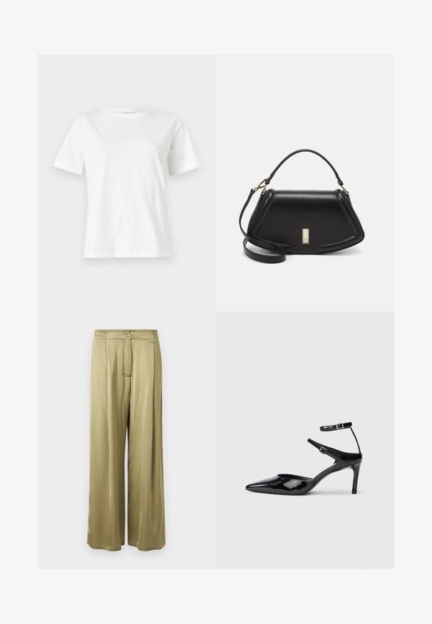 Hvid bomulds t-shirt med korte ærmer, rund halsudskæring og en afslappet pasform. Glat tekstur, ingen mønstre eller accenter, minimalistisk design.; Olivenfarvede, brede bukser lavet af glat stof, med knaplukning foran og plisserede detaljer i taljen.; Sorte laklæderhæle med spids tå, justerbare ankelstropper og en slank hæl. Glat tekstur med en skinnende finish.; Sort læderhåndtaske med en struktureret design, der har en kortet form, tophåndtag og guld hardware-accenter. Justerbar skulderrem inkluderet.