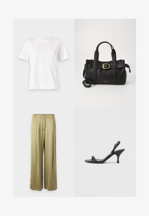 Weißes Baumwoll-T-Shirt mit kurzen Ärmeln, Rundhalsausschnitt und lockerer Passform. Glatte Textur, keine Muster oder Akzente, minimalistisches Design.; Olivgrüne, weit geschnittene Hosen aus glattem Stoff, mit einer Frontknopfverschluss und gefältelten Details an der Taille.; Schwarze Leder-Sandalen mit hohen Absätzen, schlankem, gebogenem Absatz und gekreuztem Riemendesign. Verstellbarer Knöchelriemen. Glatte Textur.; Schwarze Lederhandtasche mit strukturiertem Design, doppelten oberen Griffen, goldfarbenem Schnallenakzent und geprägtem Markenlogo auf der Vorderseite.