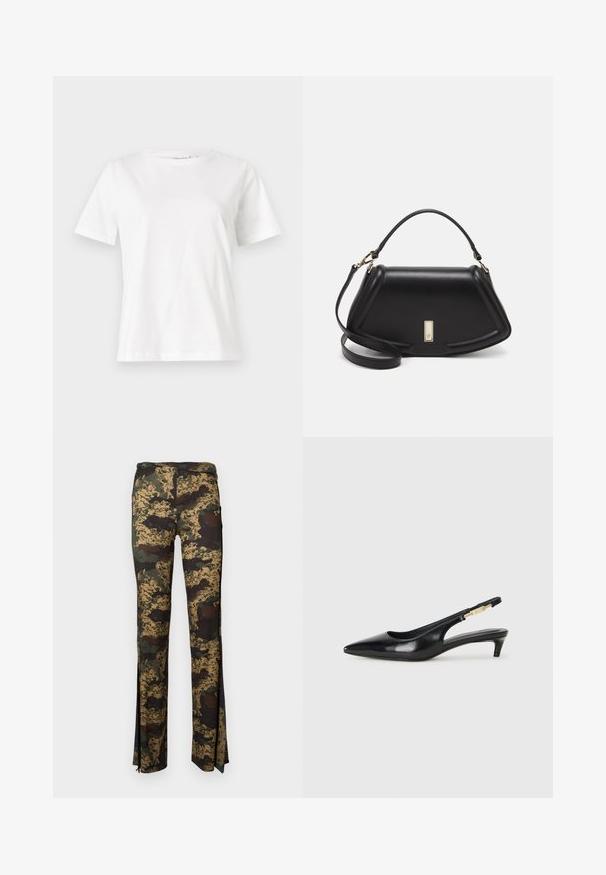 Biała bawełniana koszulka z krótkim rękawem, okrągłym dekoltem i luźnym krojem. Gładka tekstura, brak wzorów lub dodatków, minimalistyczny design.; Spodnie w kamuflażu w odcieniach zieleni i brązu, wykonane z elastycznego materiału, z bocznymi szczelinami na dole dla dodatkowego detalu i swobody ruchu.; Czarne skórzane szpilki typu slingback z ostrym noskiem, posiadające smukły obcas i złoty akcent na regulowanym pasku. Gładka tekstura.; Czarna skórzana torebka o strukturalnym designie, z przyciętą formą, górnym uchwytem i złotymi akcentami. W zestawie regulowany pasek na ramię.