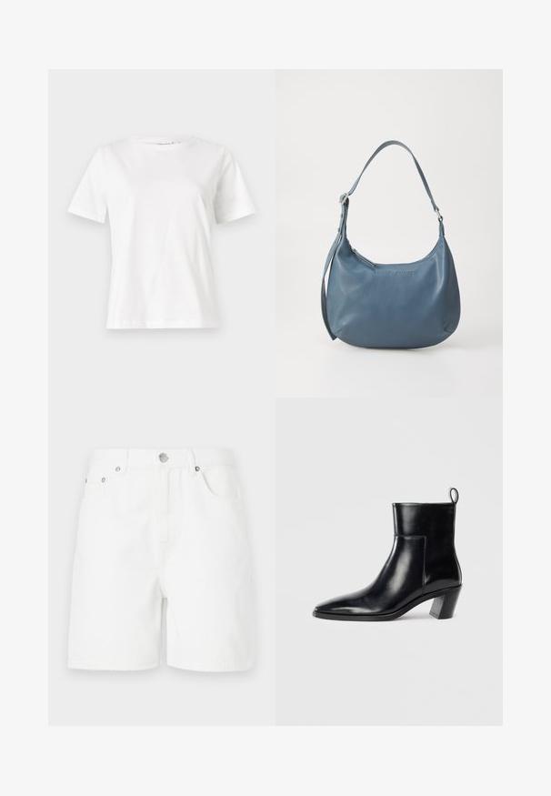 White cotton t-shirt with short sleeves, round neckline, and a relaxed fit. Smooth texture, no patterns or accents, minimalistic design.; White denim shorts with a straight cut, featuring front pockets and a button closure. The fabric has a smooth texture and no visible patterns.; Black leather ankle boot with a pointed toe, a geometric stacked heel, and a pull tab at the back. Smooth texture and sleek design.; Blue leather handbag with a rounded shape, single shoulder strap, zip closure, and embossed brand name on the front. Smooth texture.