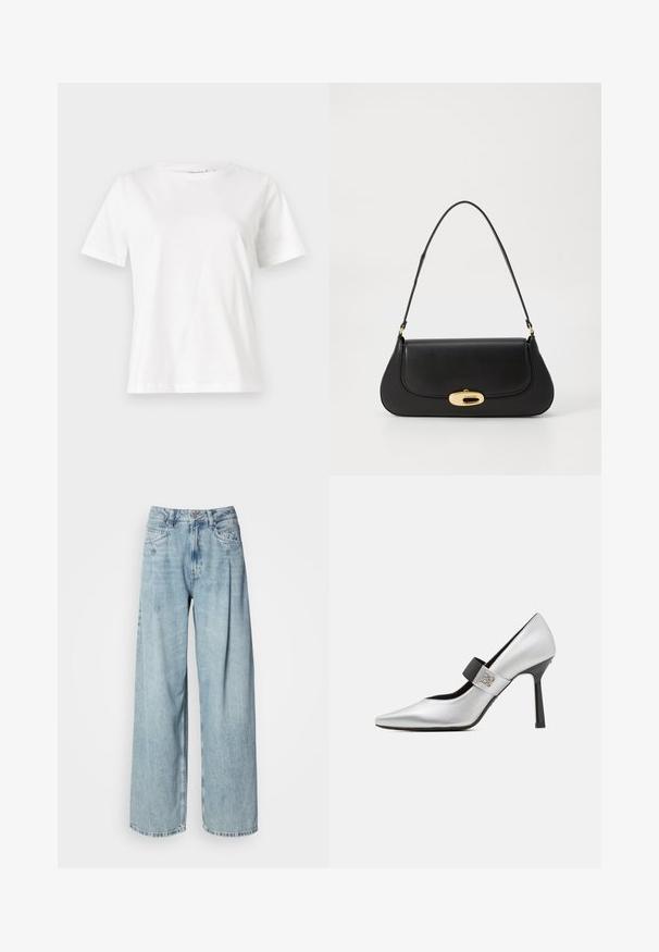 Balta medvilninė marškinėliai trumpomis rankovėmis, su apvalia iškirpte ir laisvu siluetu. Lygi tekstūra, be raštų ar akcentų, minimalistinis dizainas.; Šviesiai mėlynos aukštai sėdintys plačių kojų džinsai su priekinėmis kišenėmis, mygtuko užsegimu ir diržo kilpas, ant paprasto balto fono.; Sidabrinė odinė aukštakulnių batų pora su smailiu pirštu, juodu dirželiu akcentu ir blizgiu paviršiumi, turinti aptakų siluetą ir ploną kulną.; Juodas odinis rankinės su išlenktu dizainu, auksinių atspalvių furnitūra ir viršutine rankena. Savybės - stilingas uždarymas ir glotni tekstūra.