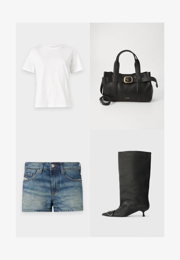 T-shirt en coton blanc à manches courtes, col rond et coupe décontractée. Texture lisse, sans motifs ni accents, design minimaliste.; Shorts en denim bleu clair avec un effet délavé, design à cinq poches, couture contrastante et fermeture à bouton à l'avant.; Bottines en cuir noir à bout pointu, petite talon et détail métallique sur le bout. Texture lisse et mate partout.; Sac à main en cuir noir présentant un design structuré, deux poignées supérieures, un accent de boucle en ton doré et un logo de la marque en relief à l'avant.