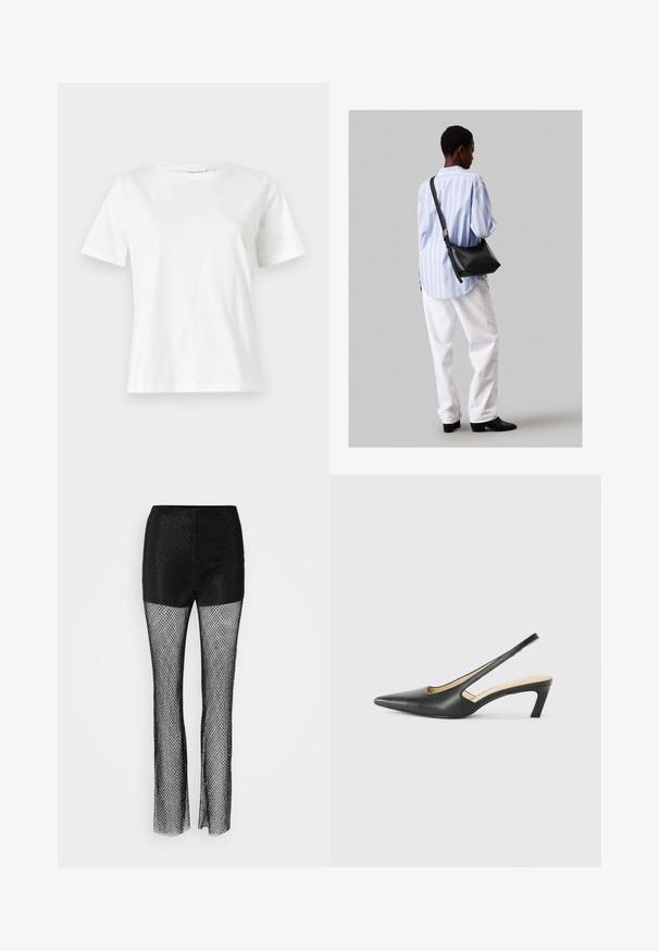 Valge puuvillane T-särk lühikeste varrukatega, ümmarguse kaelusega ja vabalt istuv. Sile tekstuur, ilma mustrite ja aktsentideta, minimalistik disain.; Mustad kalasukkpüksid, millel on kindel ülemine osa, laia jala disain ja tekstuuriga võrkkangas üle kogu pükste.; Must mustaga, terav varvas, madala kontsaga sildiga king, mis on valmistatud siledast nahast ja mille küljel on lõike disain hingavuse tagamiseks.; Must have mustras alasi nahkpatsi, pehme tekstuuriga, kolmnurkse kujuga ja reguleeritava rihmaga, koos helesinise triibulise särgi ja valgete pükstega.